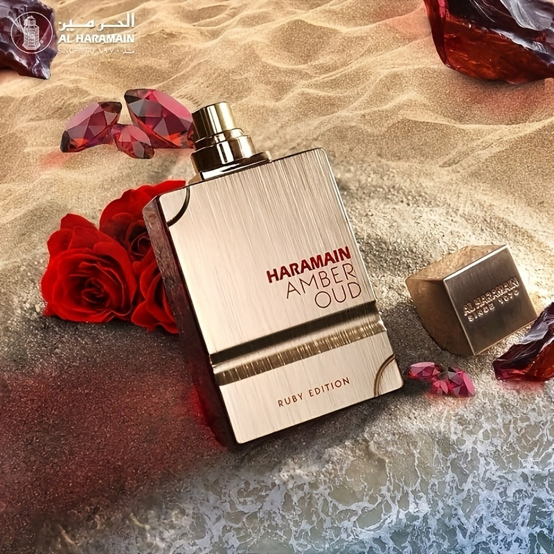 HARAMAIN Amber Oud Red Perfume - Arabian Scent, Long-Lasting 2.03oz Eau De Toilette, Luxury Golden & Red Design, Perfect Valentine’s Day Gift for Men & Women, Longlasting Scent | Modern Cap Design | Goldtoned Bottle, Arabic