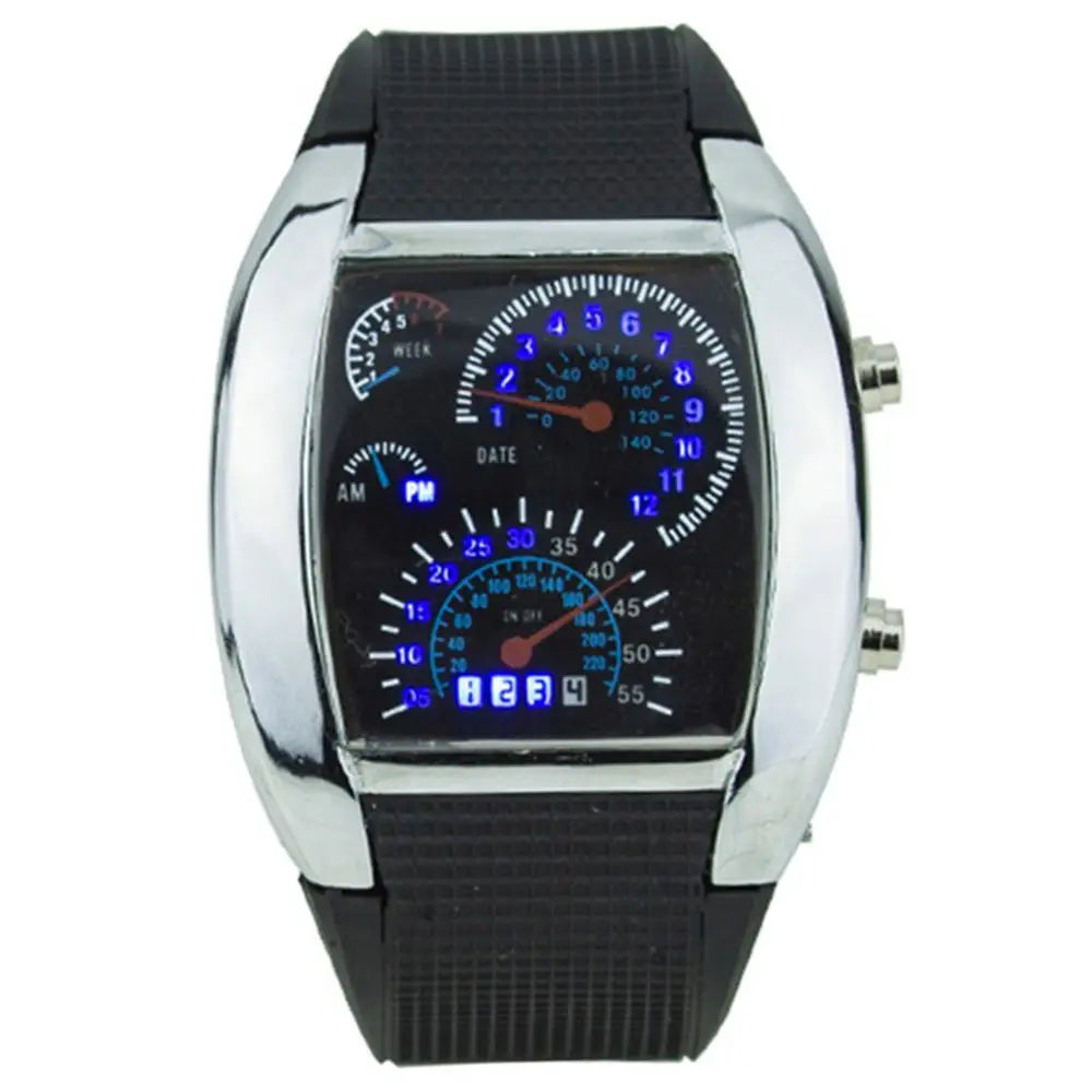 HOT SALES！！！New Arrival Cool Rubber Band RPM Speedometer Car Turbo Style Digital LED Wrist Watch Gift