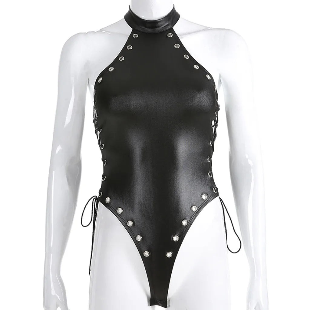 Patent Leather Bodysuit Women Rivet Blackless Tight Halter Sleeveless Underwear Sexy Club Night Women Bodysuit Latex Catsuit #YJ