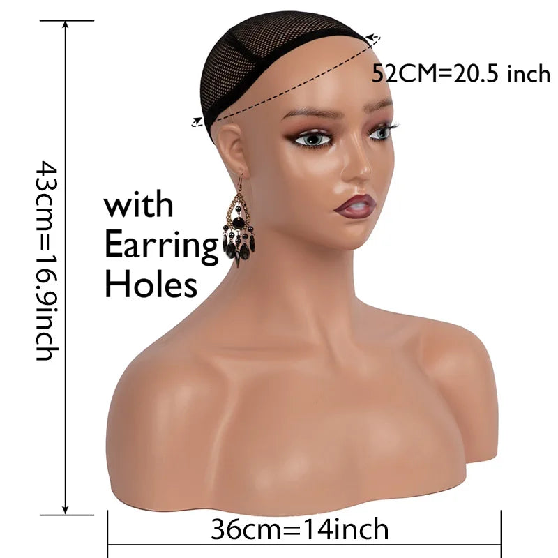 Female Realistic Mannequin Head With Shoulders African Wig Display Model Dark Brown Beige Colors Doll Head For Hat Glasses