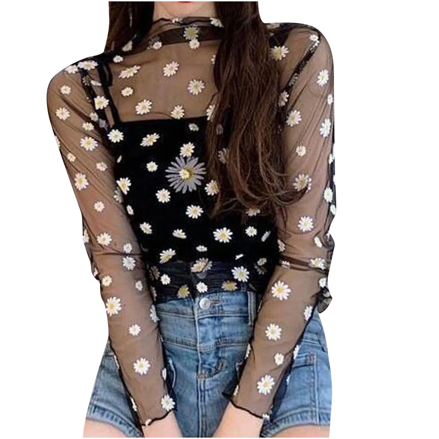 Sexy Mesh Transparent Tops Women Unlined Upper Garment Korean Daisy Print Long Sleeve Net Sheer Tops Tee Shirt Blusa Mujer