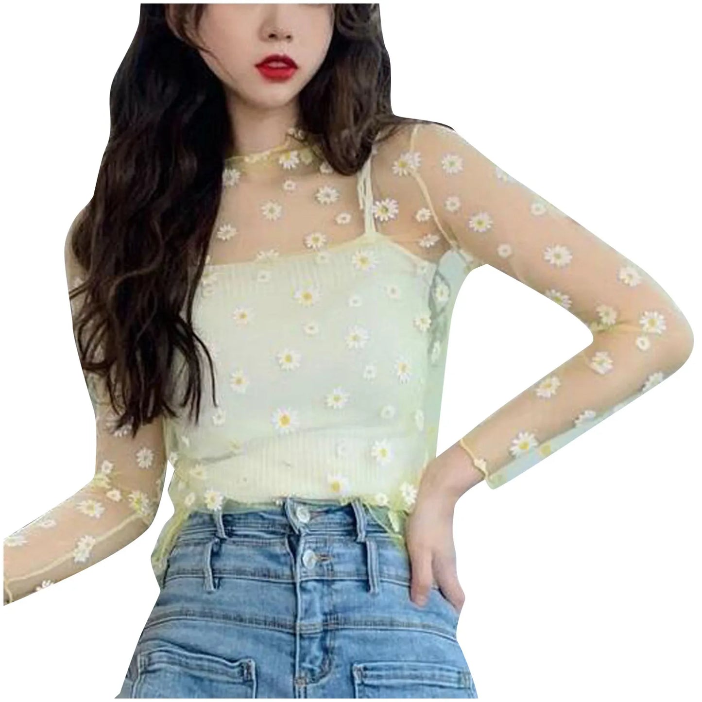 Sexy Mesh Transparent Tops Women Unlined Upper Garment Korean Daisy Print Long Sleeve Net Sheer Tops Tee Shirt Blusa Mujer