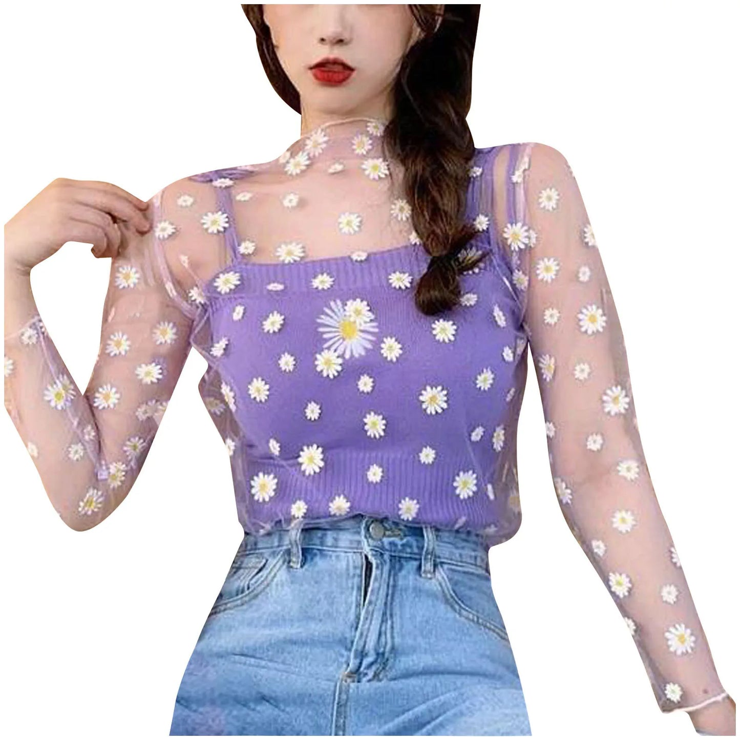 Sexy Mesh Transparent Tops Women Unlined Upper Garment Korean Daisy Print Long Sleeve Net Sheer Tops Tee Shirt Blusa Mujer