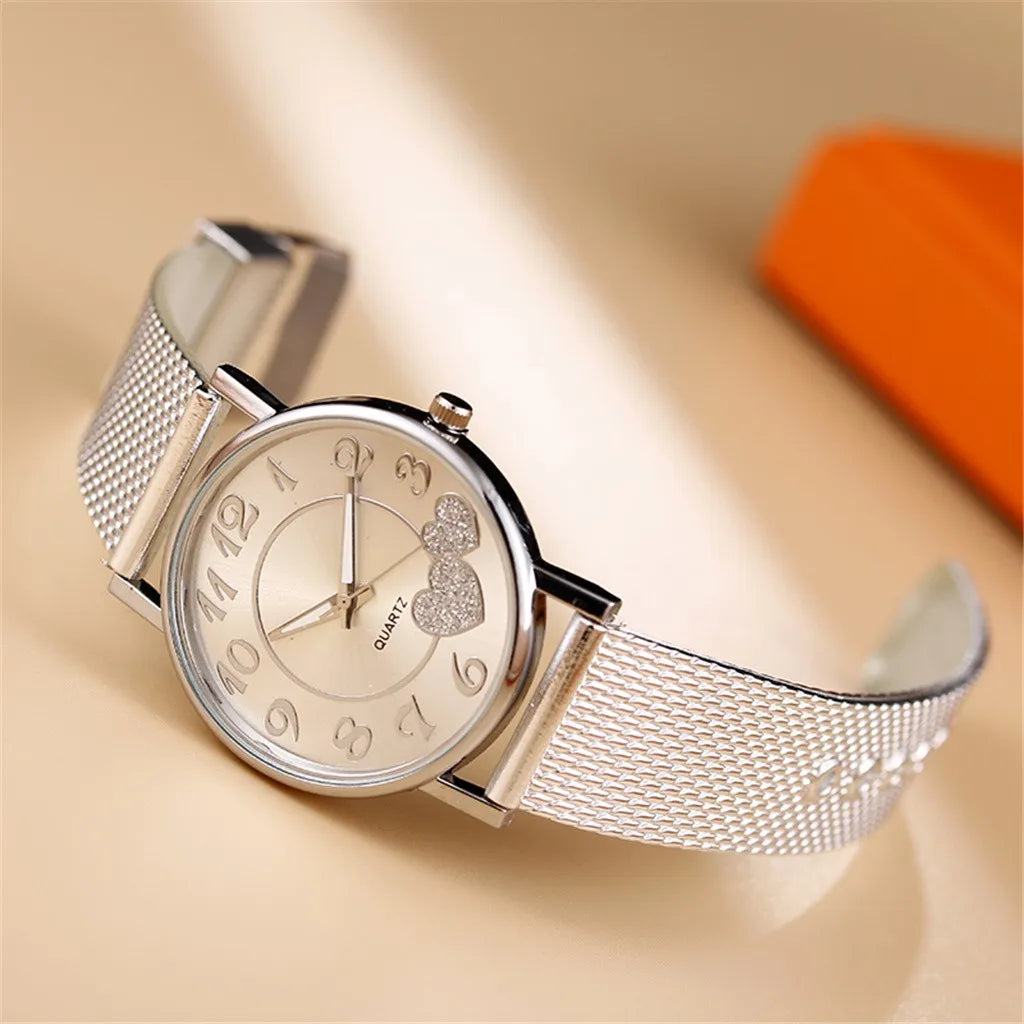 Fashion Women Watches Men Gold Watch Silver Heart Dial Silicone Mesh Belt Wristwatch Reloj Mujer Montre Femme Women's Watch 2024