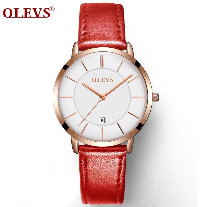 OLEVS Women Watch Red  Casual Leather Ladies Watches Luxury Quartz Female Wristwatches Brand Clock Ultra Thin Surface 6.5MM5869