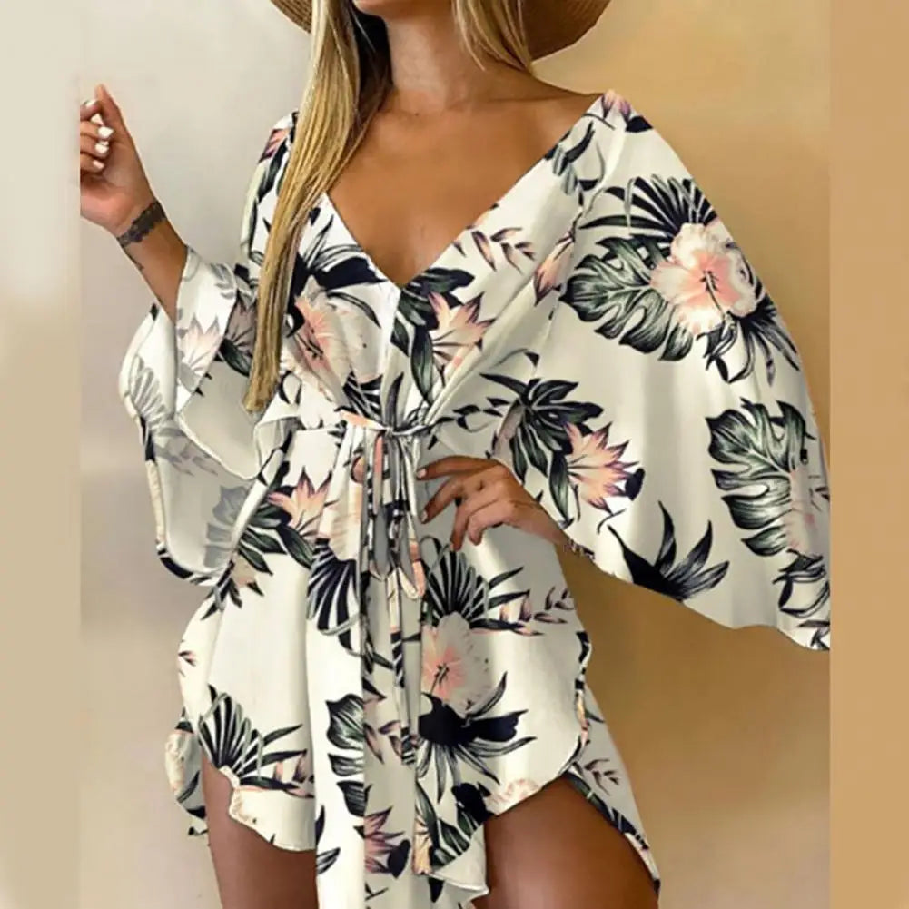 Batwing Sleeve Harajuku Dress Sexy V-Neck Leaf Print Party Dress Women Elegant Lace-Up Waist Dress Casual Irregular Beach Dress