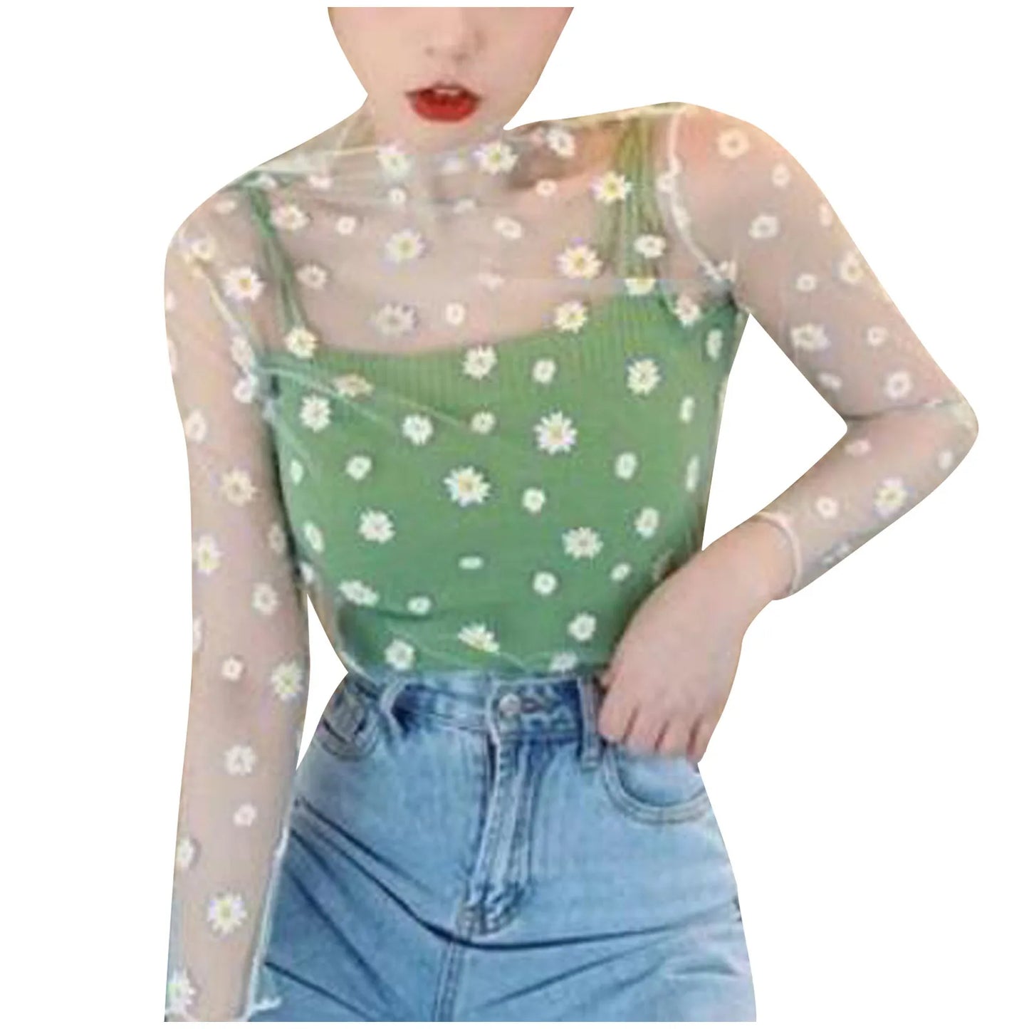 Sexy Mesh Transparent Tops Women Unlined Upper Garment Korean Daisy Print Long Sleeve Net Sheer Tops Tee Shirt Blusa Mujer