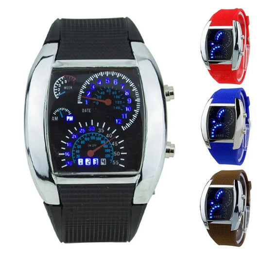 HOT SALES！！！New Arrival Cool Rubber Band RPM Speedometer Car Turbo Style Digital LED Wrist Watch Gift