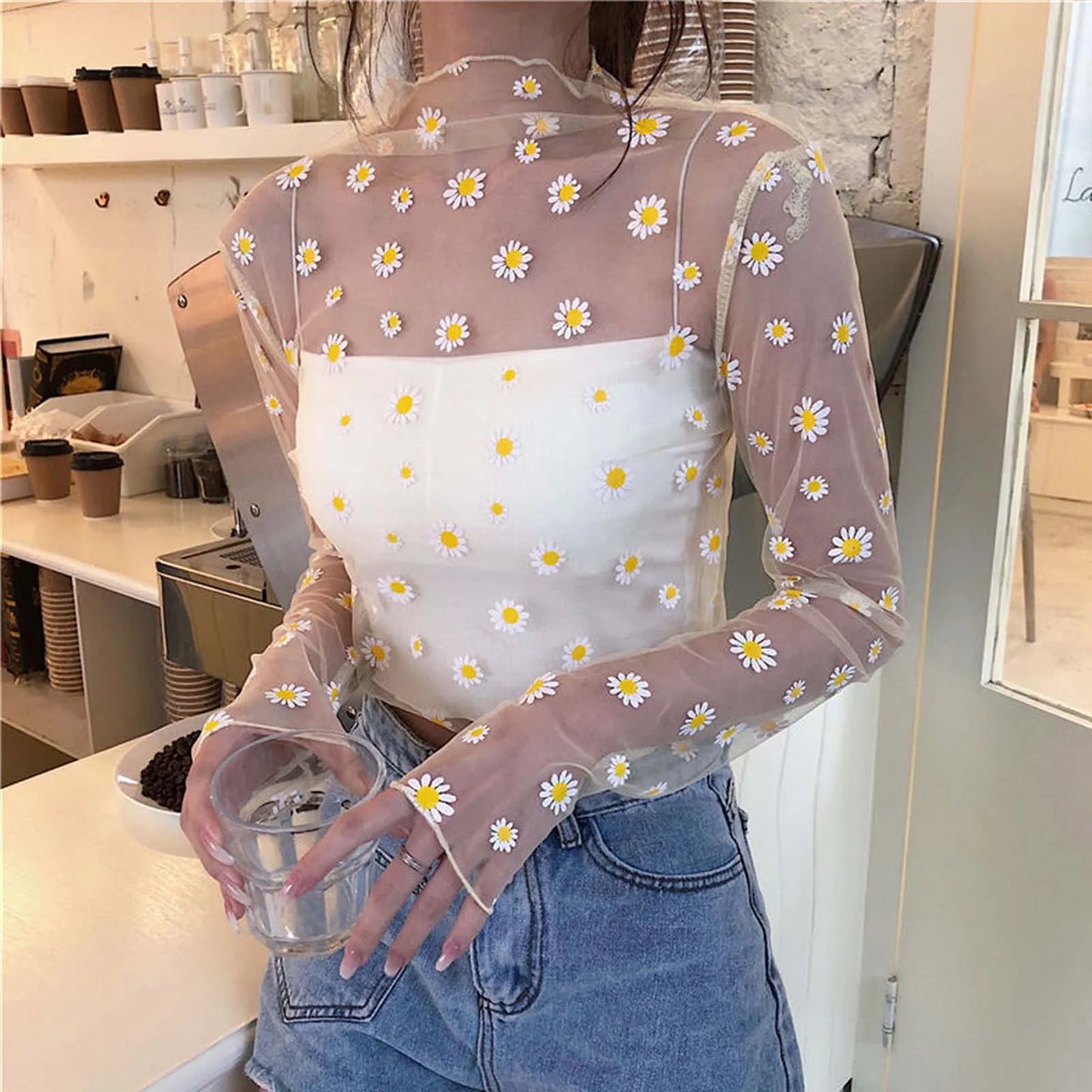 Sexy Mesh Transparent Tops Women Unlined Upper Garment Korean Daisy Print Long Sleeve Net Sheer Tops Tee Shirt Blusa Mujer