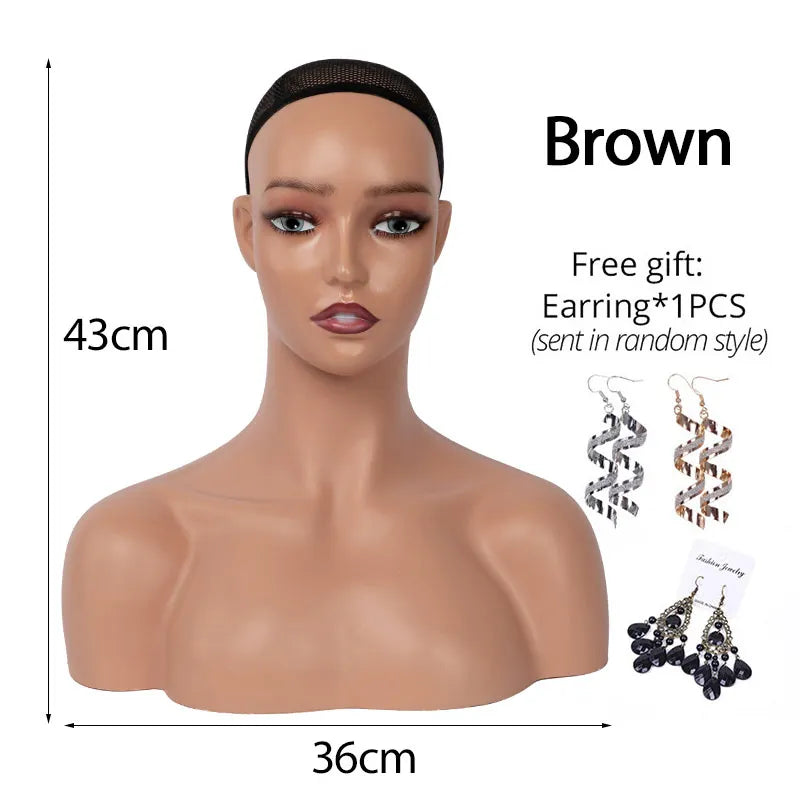 Female Realistic Mannequin Head With Shoulders African Wig Display Model Dark Brown Beige Colors Doll Head For Hat Glasses