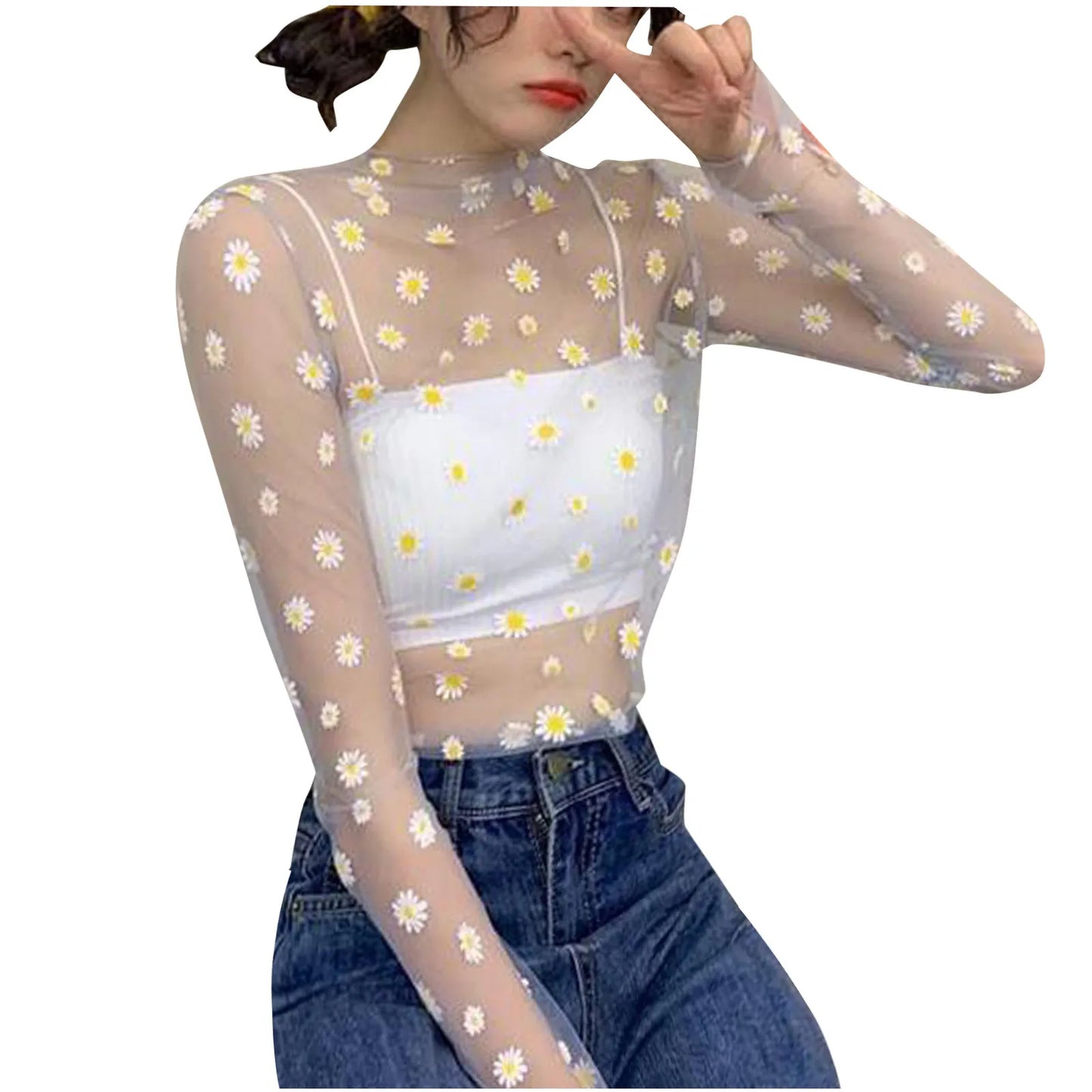 Sexy Mesh Transparent Tops Women Unlined Upper Garment Korean Daisy Print Long Sleeve Net Sheer Tops Tee Shirt Blusa Mujer