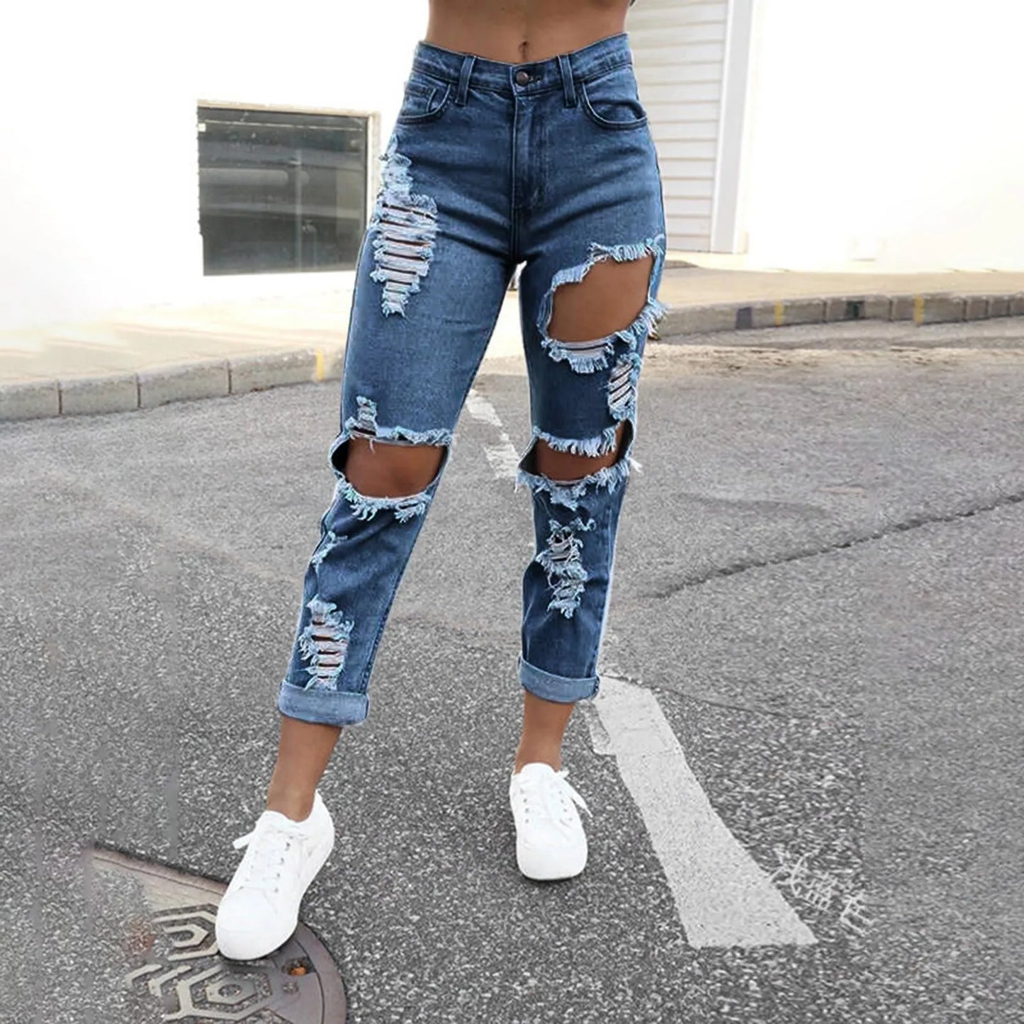 Hole Denim Women'S Jeans Buttocks Ripped Jeans Street Style Vertical Tube Denim Pants Frayed Tassel Ripped Jeans Japanese