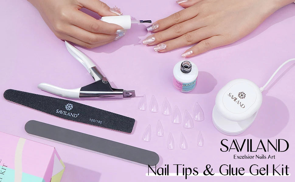 SAVILAND 500pcs Gel X Nail Kit For Extension Nail Tips Full Cover Press On Nails Sculpted Coffin Almond with UV LED Nail Lamp