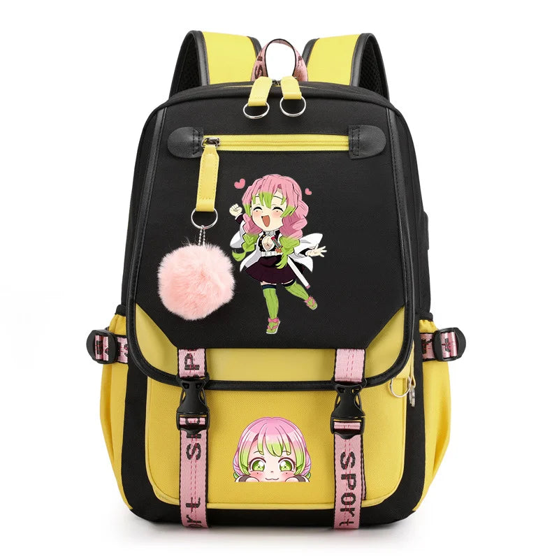 Cute Kanroji Mitsuri Backpack New Teenage Outdoor Street Anime Backpack High Quality USB Backpack Kanroji Mitsuri Backpack