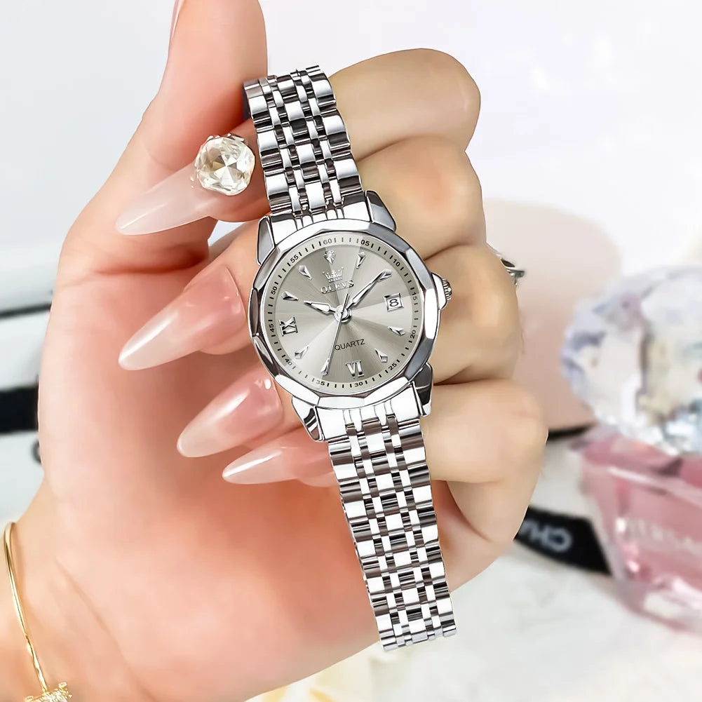 OLEVS Elegant Fashion Ladies Watches 9998 Original Quartz Women's Watches Waterproof Stainless Steel Luminous Date Wristwatch