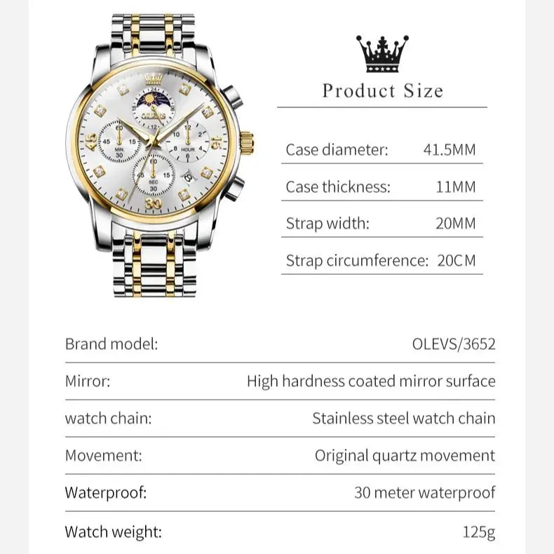 OLEVS 3652 Luxury Men's Watch Business Multifunctional Calendar Moon Phase Timing Waterproof Watch Top Brand Men's Quartz Watch