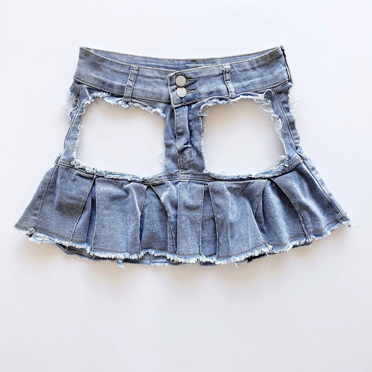 Women Sexy Hollow Out Holes Erotic Denim Skirt 2025 Summer New Skirts Pleated Raw Edge Mini Skirt Streetwear Faldas Mujer