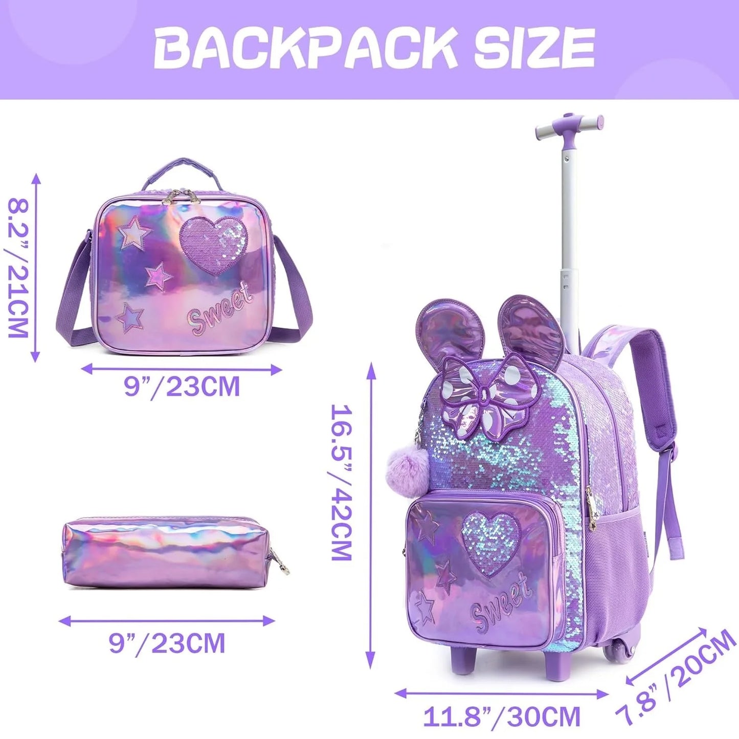 3PCS Cute Sequin Girls Rolling Backpack Primary Child School Backpacks Girl with Wheels Back to School Bags for Kids Luggage