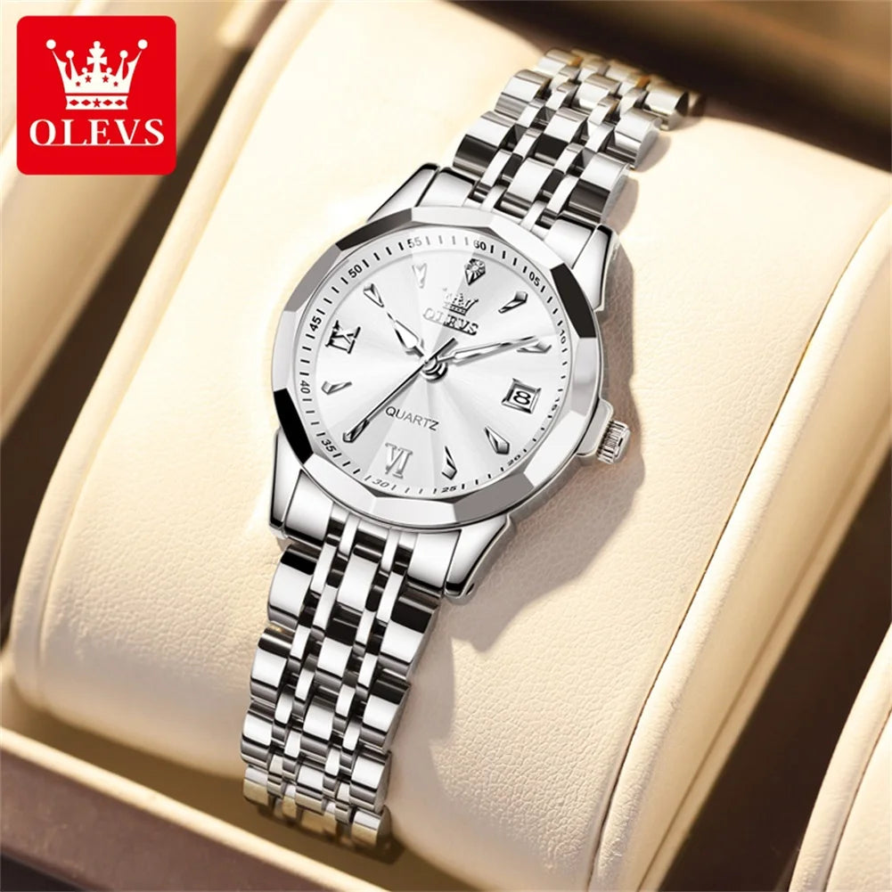 OLEVS 9998 Fashion Simple Women Quartz Watch Classic Rhombus Mirror Waterproof Double Calendar Watch Luxury Elegant Women Watch