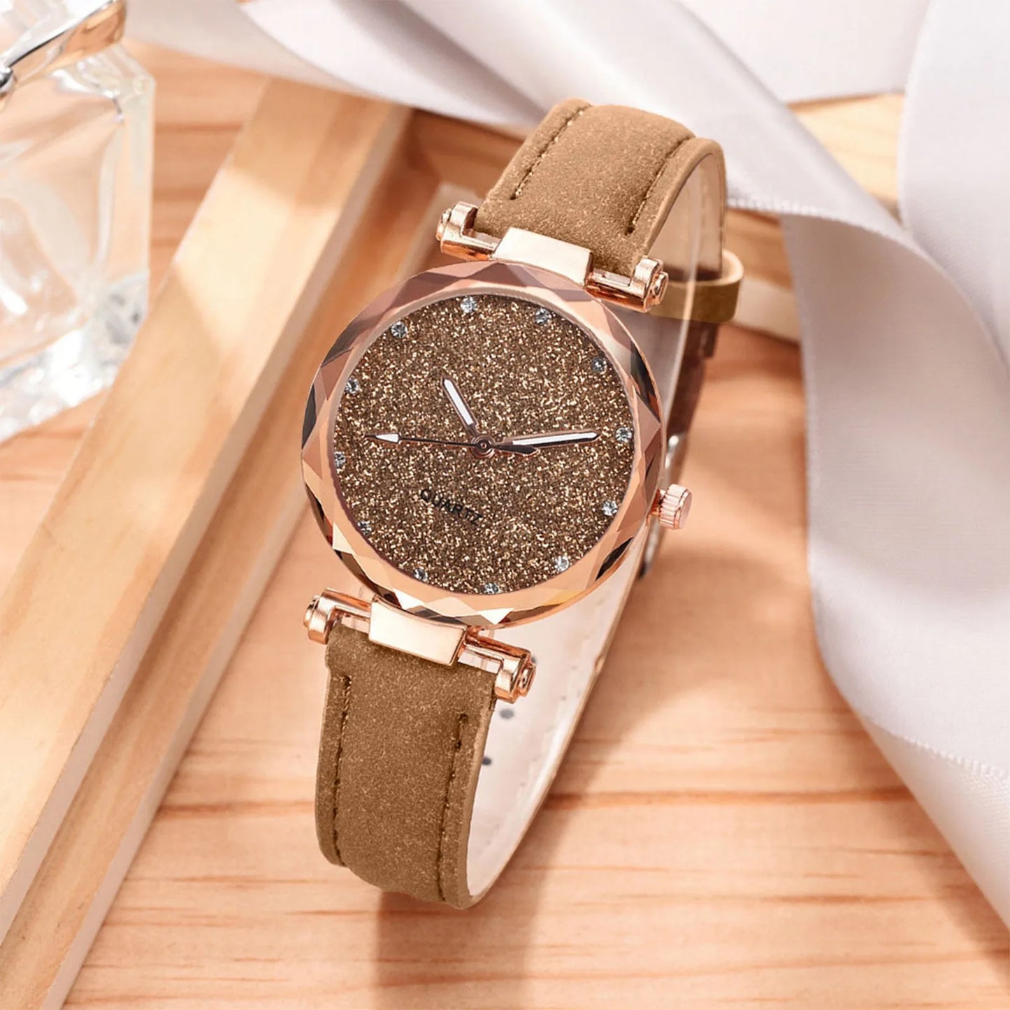 Silver Powder Diamond Face Women'S Watch Frosted Leather Strap For Women'S Casual Trend Two Piece Set Watch Stem Replacement 시계