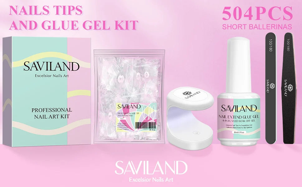 SAVILAND 500pcs Gel X Nail Kit For Extension Nail Tips Full Cover Press On Nails Sculpted Coffin Almond with UV LED Nail Lamp