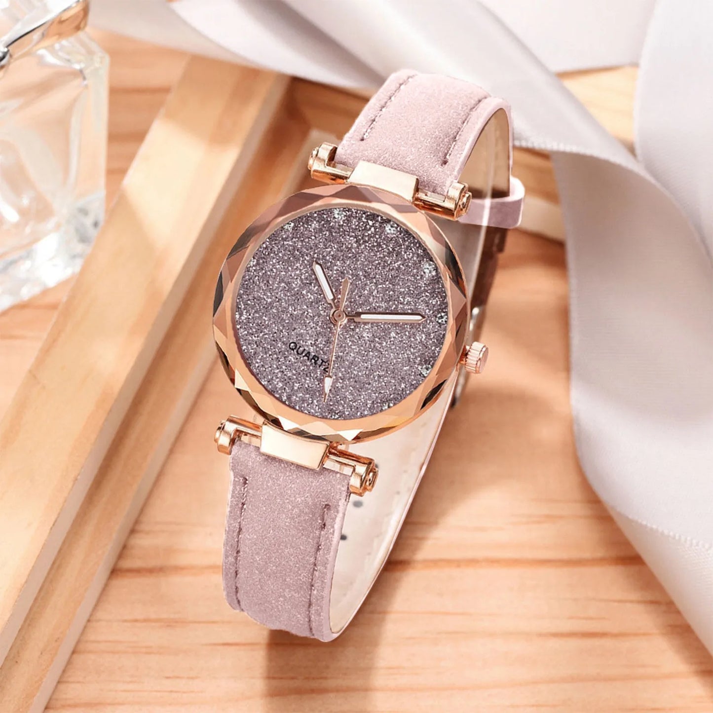 Silver Powder Diamond Face Women'S Watch Frosted Leather Strap For Women'S Casual Trend Two Piece Set Watch Stem Replacement 시계