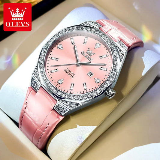 OLEVS 5606 Women's Watches Pink Watch Girl for Women Leather Strap Waterproof Full Diamond Bezel Elegant Ladies' Watches NEW