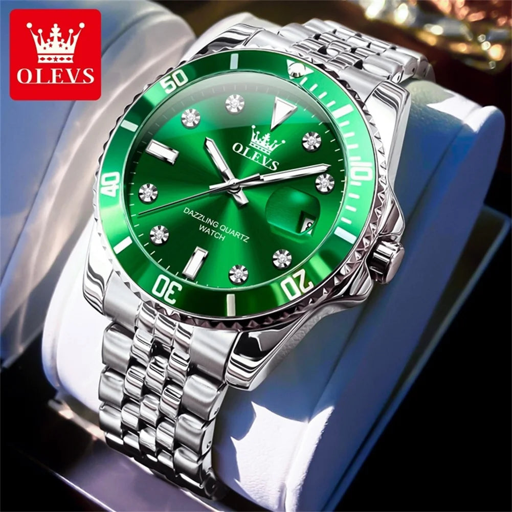 OLEVS 9809 Mens Watch Original Fashion Quartz Watch Zircon Scale Waterproof Luminous Reloj Hombre Automatic Date Watch For Man