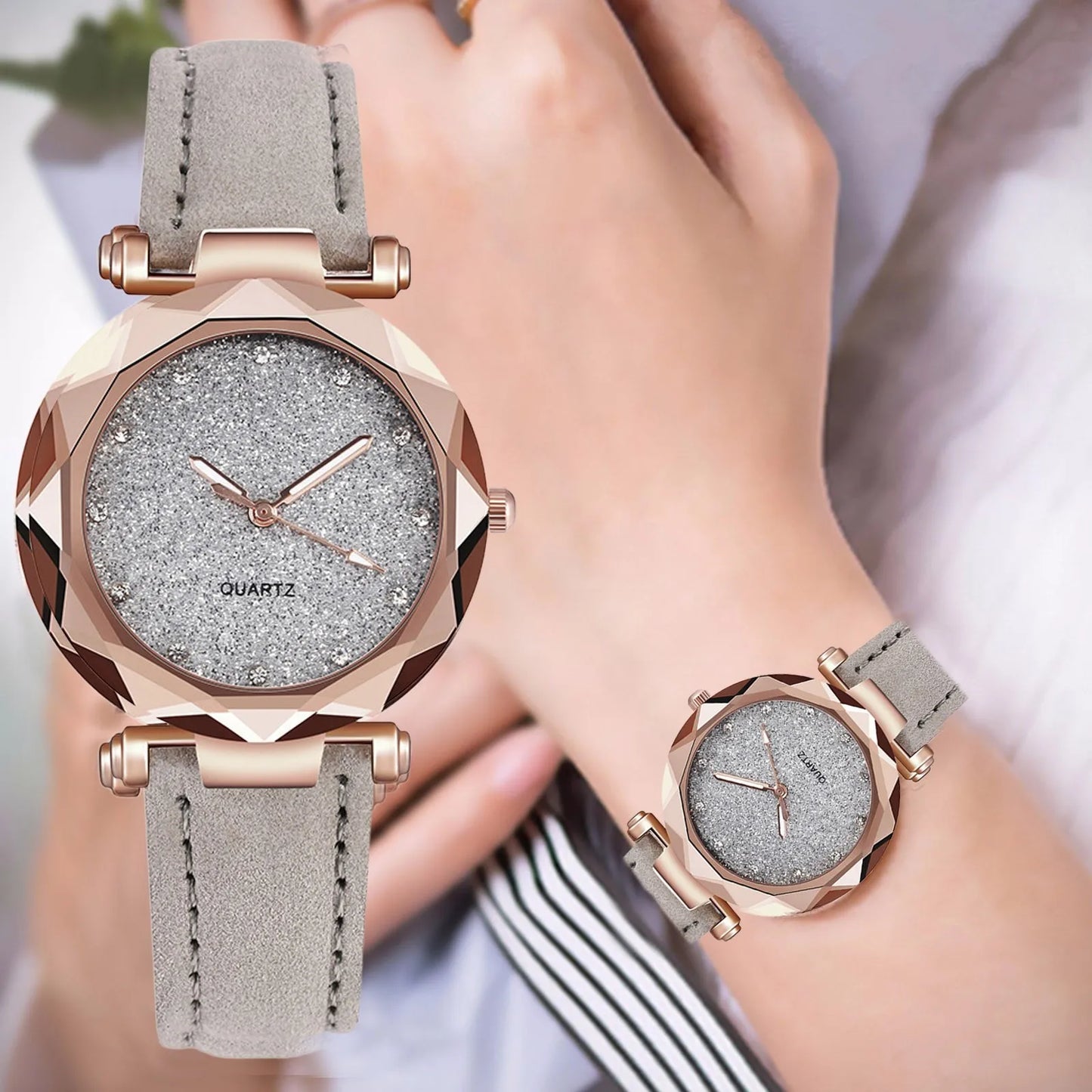 Silver Powder Diamond Face Women'S Watch Frosted Leather Strap For Women'S Casual Trend Two Piece Set Watch Stem Replacement 시계