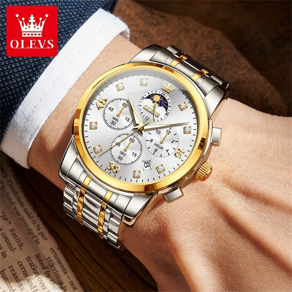 OLEVS 3652 Luxury Men's Watch Business Multifunctional Calendar Moon Phase Timing Waterproof Watch Top Brand Men's Quartz Watch