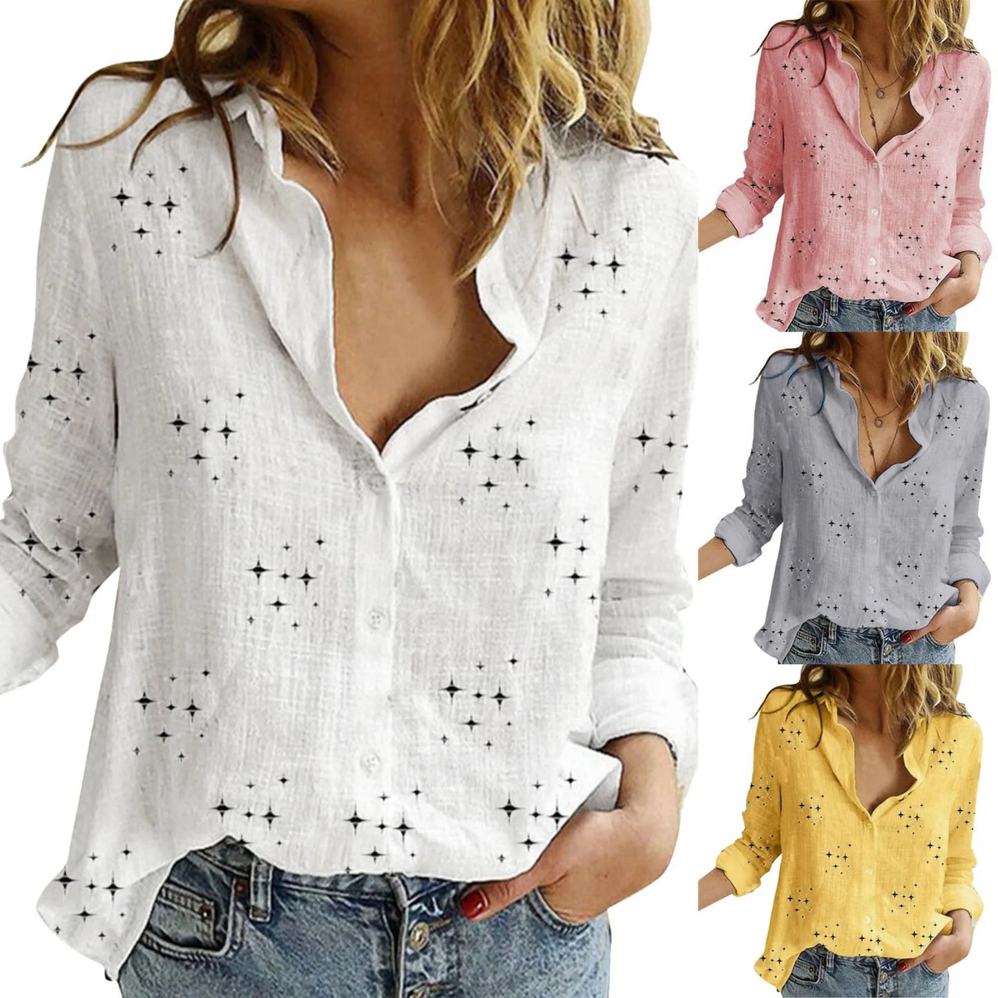 3/4 Sleeve Tops Womens Linen Casual Shirts Long Sleeve V Neck Blouse With Button Ladies Fitted Sports Breath Shirts For Women