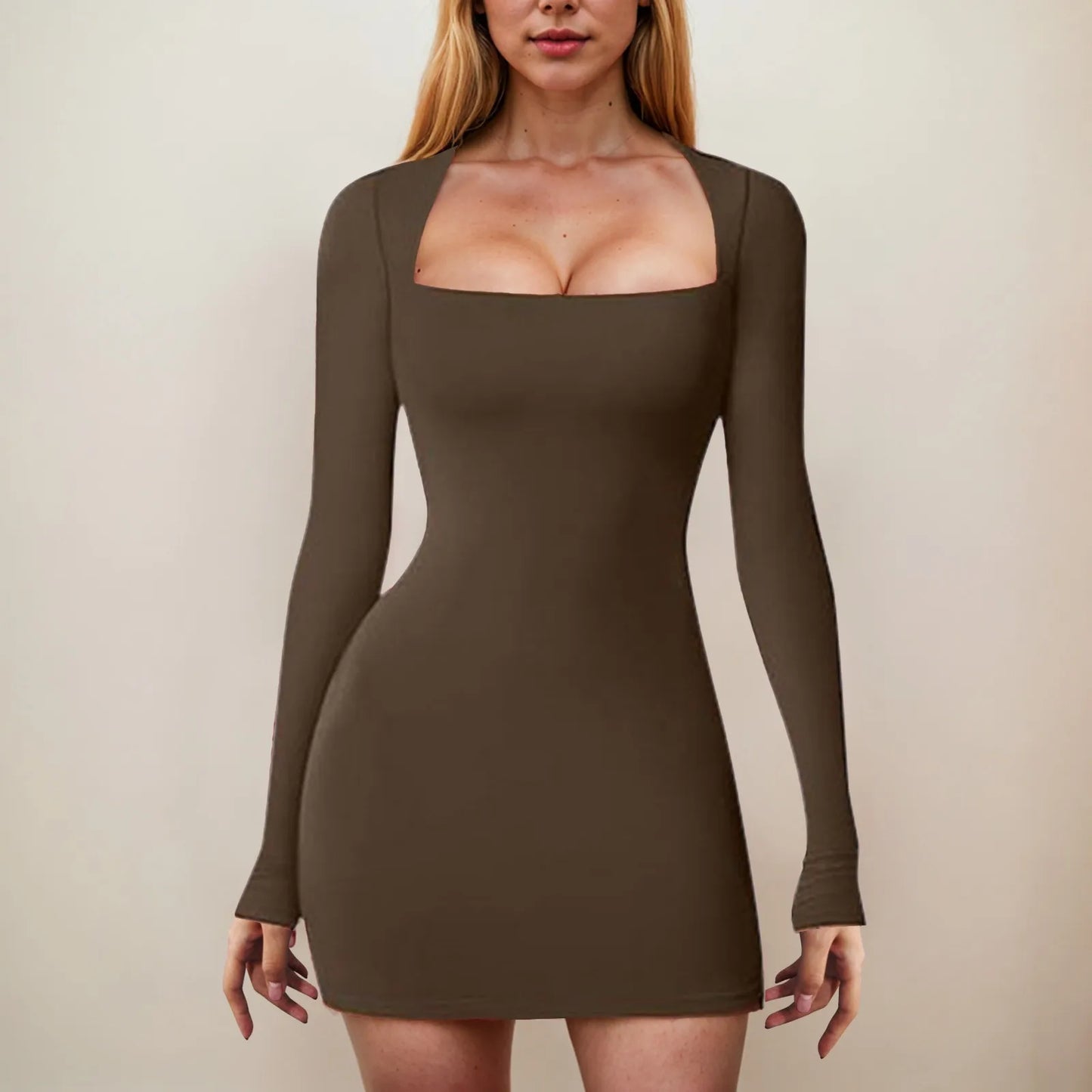 Women Long Sleeve Square Neck Wrap Hip Dress Sexy Low Cut Bodycon Tight Party Club Night Short Dress Going Out Outfits Dress