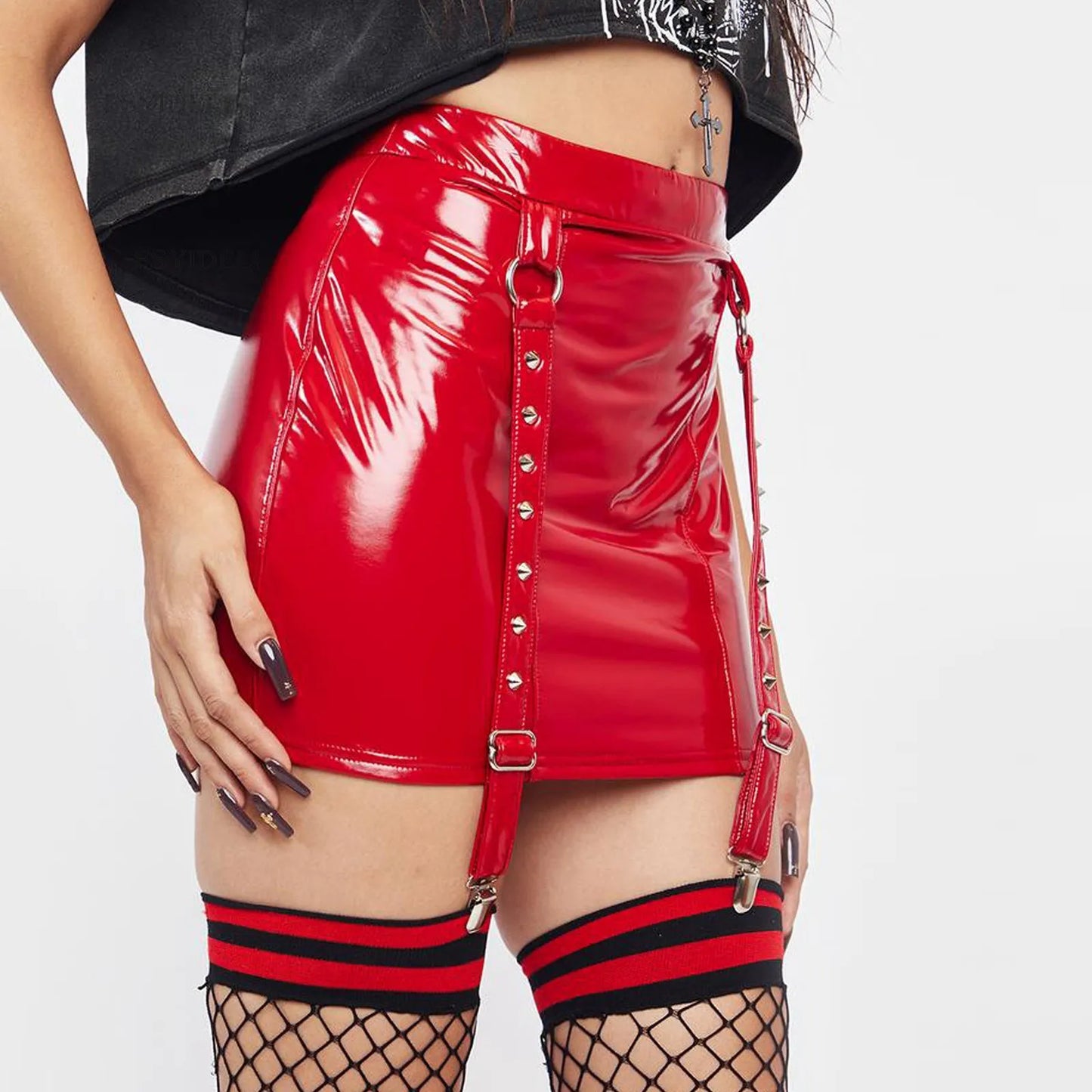 Hot Women Bodycon PU Leather Skirt Clubwear Y2k Streetwear Mini Skirt Garters Hip Hop Grunge Rivet Trendy Black Red Pencil Skirt