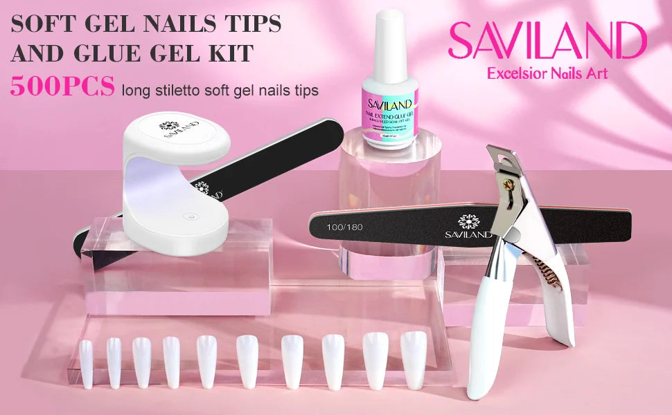 SAVILAND 500pcs Gel X Nail Kit For Extension Nail Tips Full Cover Press On Nails Sculpted Coffin Almond with UV LED Nail Lamp