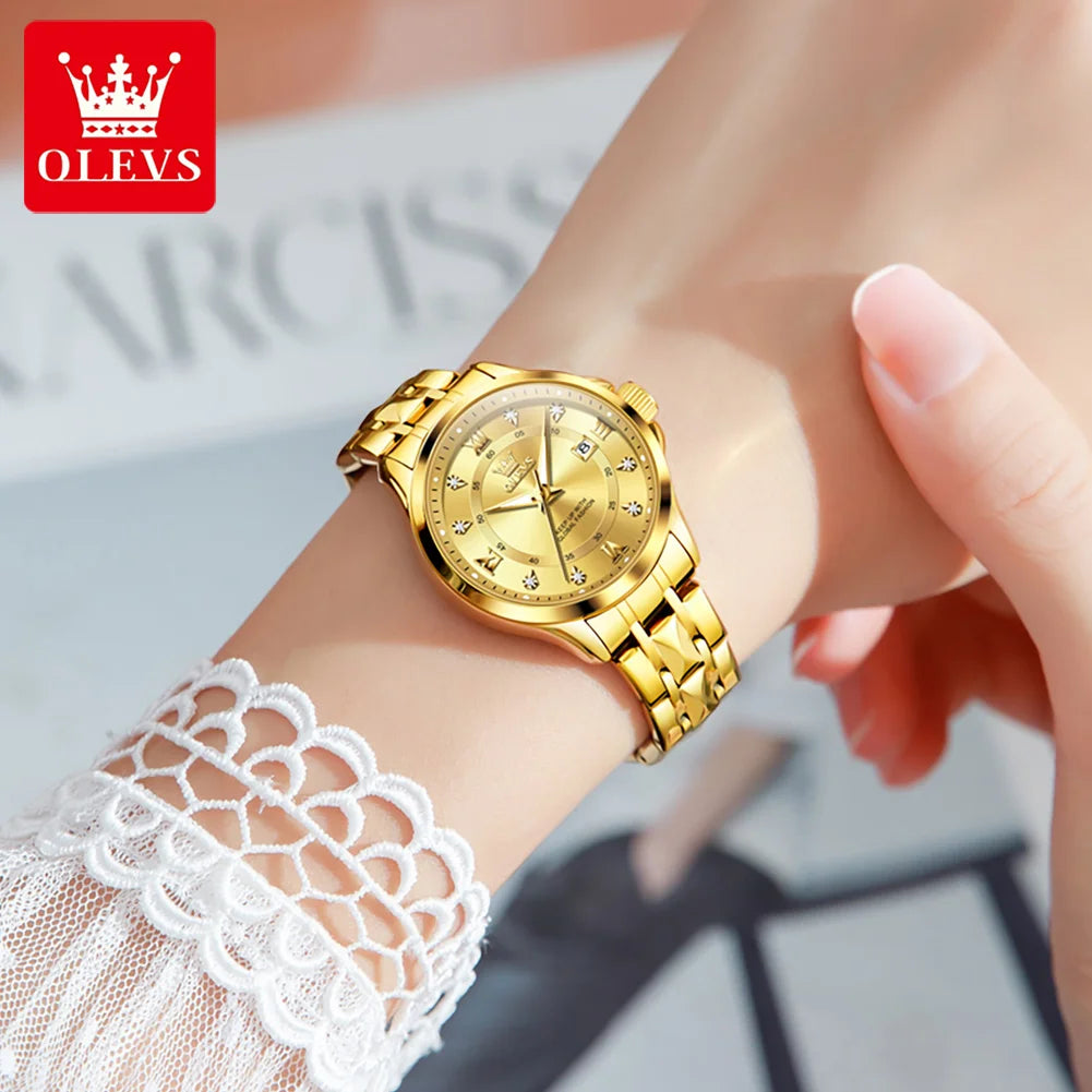 OLEVS Women‘s Watches Luxury Fashion Gold Small Wristwatch for Ladies Original Waterproof Rhombus Stainless Steel Strap Date