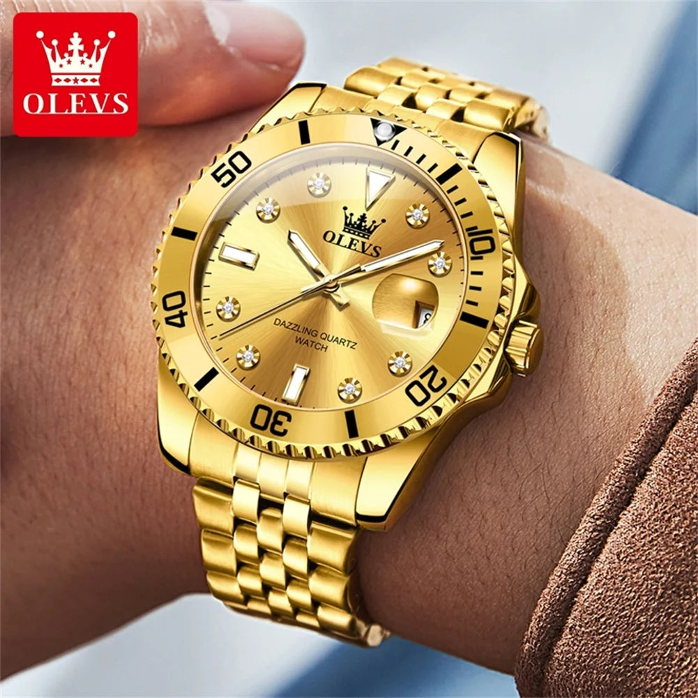 OLEVS 9809 Mens Watch Original Fashion Quartz Watch Zircon Scale Waterproof Luminous Reloj Hombre Automatic Date Watch For Man