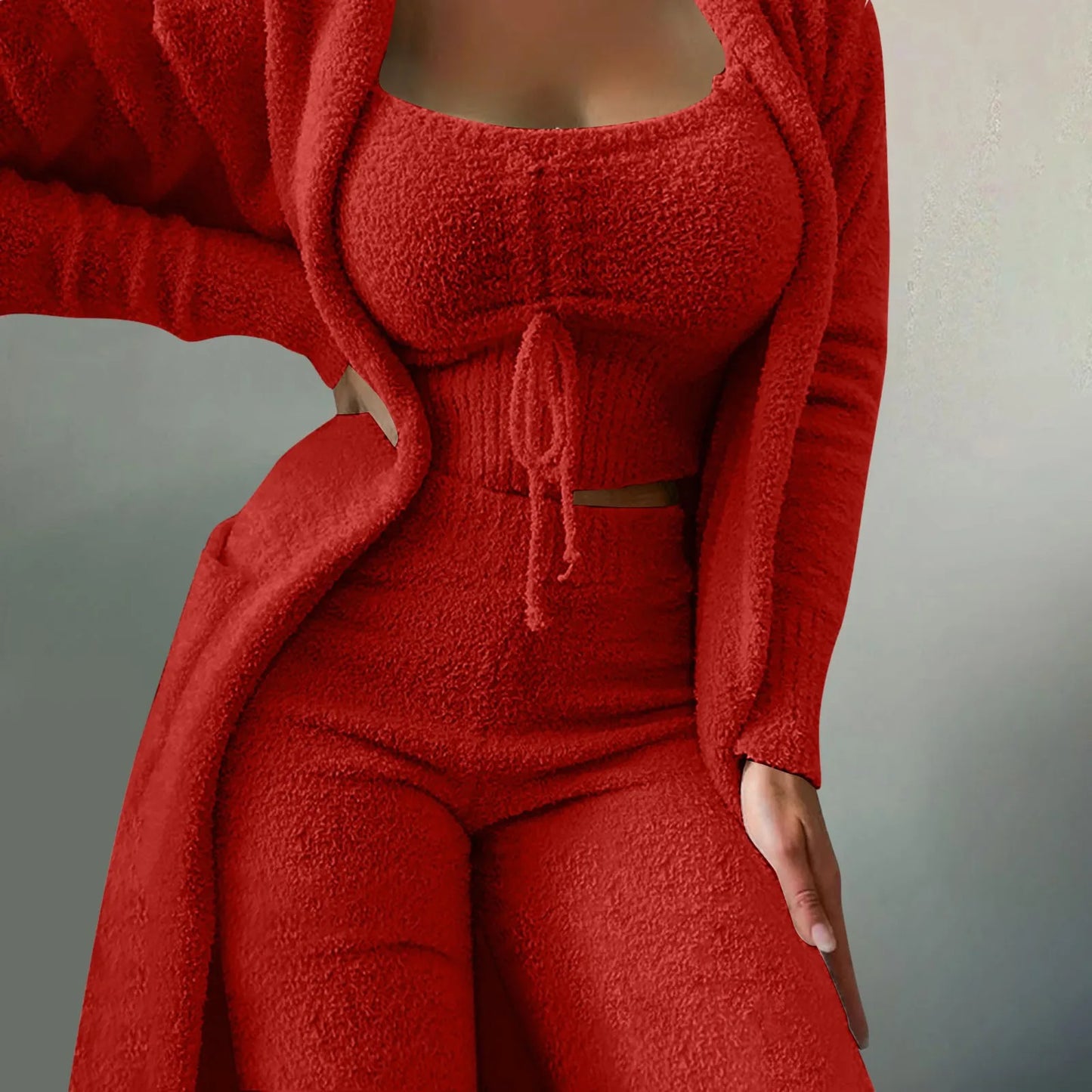 Women Fleece 3 Pc Teddy Spaghetti Strap Crop Tank Wide Long Pants Fuzzy Kimono Cozy Sweatsuit Women Clothing Pantalones De Mujer