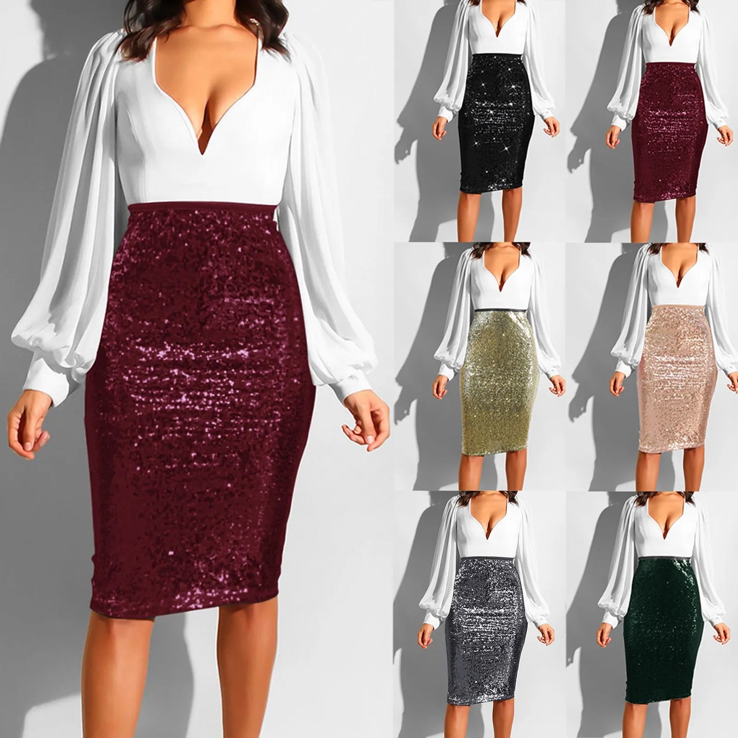 Women's Elegant Skirt Ladies Solid Color Sequins Sparkle Fashion High Waist Slimming Wrap Hip Cocktail Party Half Body Skirt