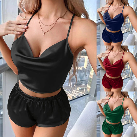 New Womens Sexy Lingerie Satin Pajamas Sets Cami Shorts Two Piece Set Nightwear Sleepwear Solid Pajamas Nightgown Nightwear L2