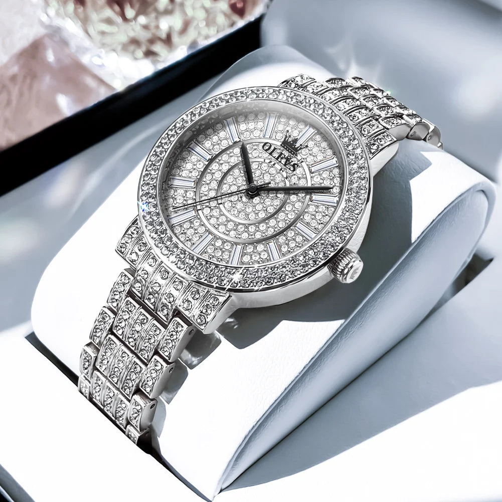 OLEVS Women's Watches Luxury Elegant Full Diamonds Original Quartz Watch for Man Waterproof Stainless Steel Gift Box Bracelet