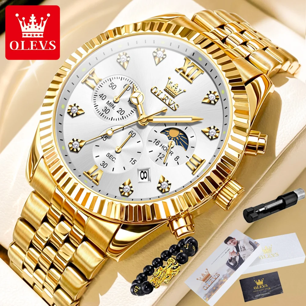 OLEVS 2932 High end Men's Watch Classic Lunar Phase Waterproof Stainless Steel Chronograph Watch Luxury Brand Quartz Men's Watch