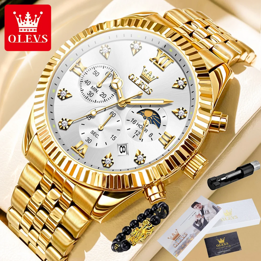 OLEVS 2932 High end Men's Watch Classic Lunar Phase Waterproof Stainless Steel Chronograph Watch Luxury Brand Quartz Men's Watch