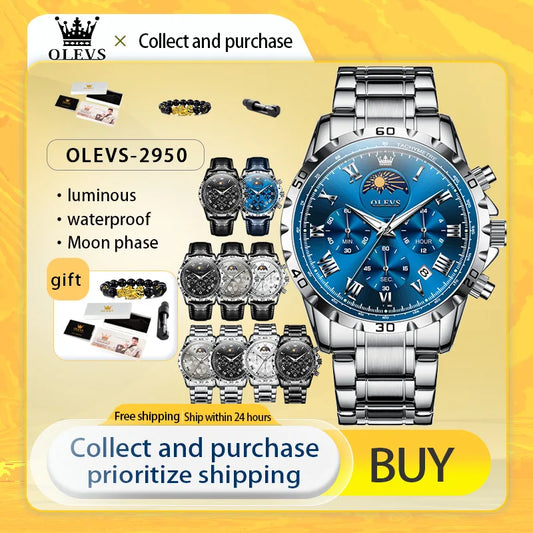 OLEVS Original Luminous Men's Watches Date Chronograph Moon Phase Quartz Watch for Man Waterproof Fashion Skeleton Clock Watch