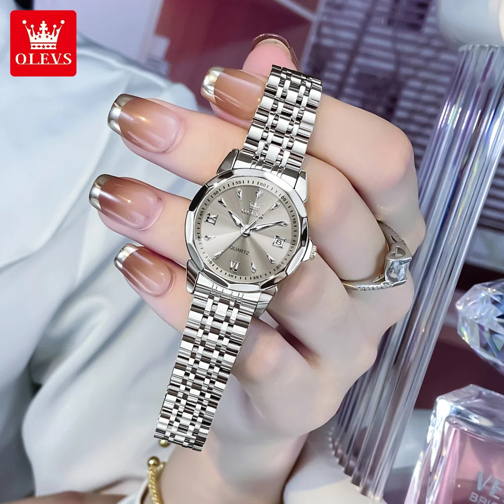 OLEVS Elegant Fashion Ladies Watches 9998 Original Quartz Women's Watches Waterproof Stainless Steel Luminous Date Wristwatch