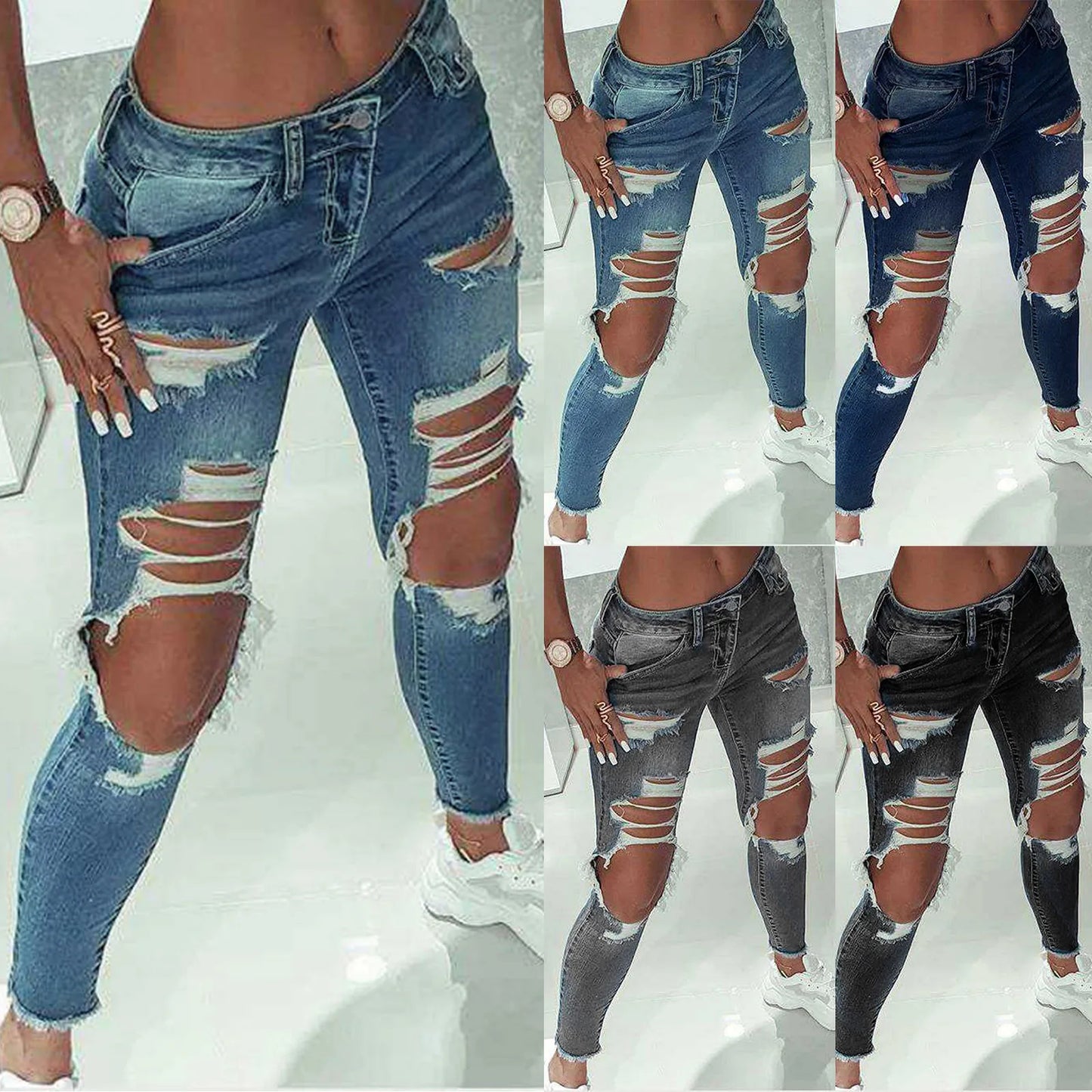 2023 New Women Fashion Mid Waist Boyfriend Big Ripped Hole Jeans Casual High Street Denim Pants Sexy Vintage Pencil Jeans