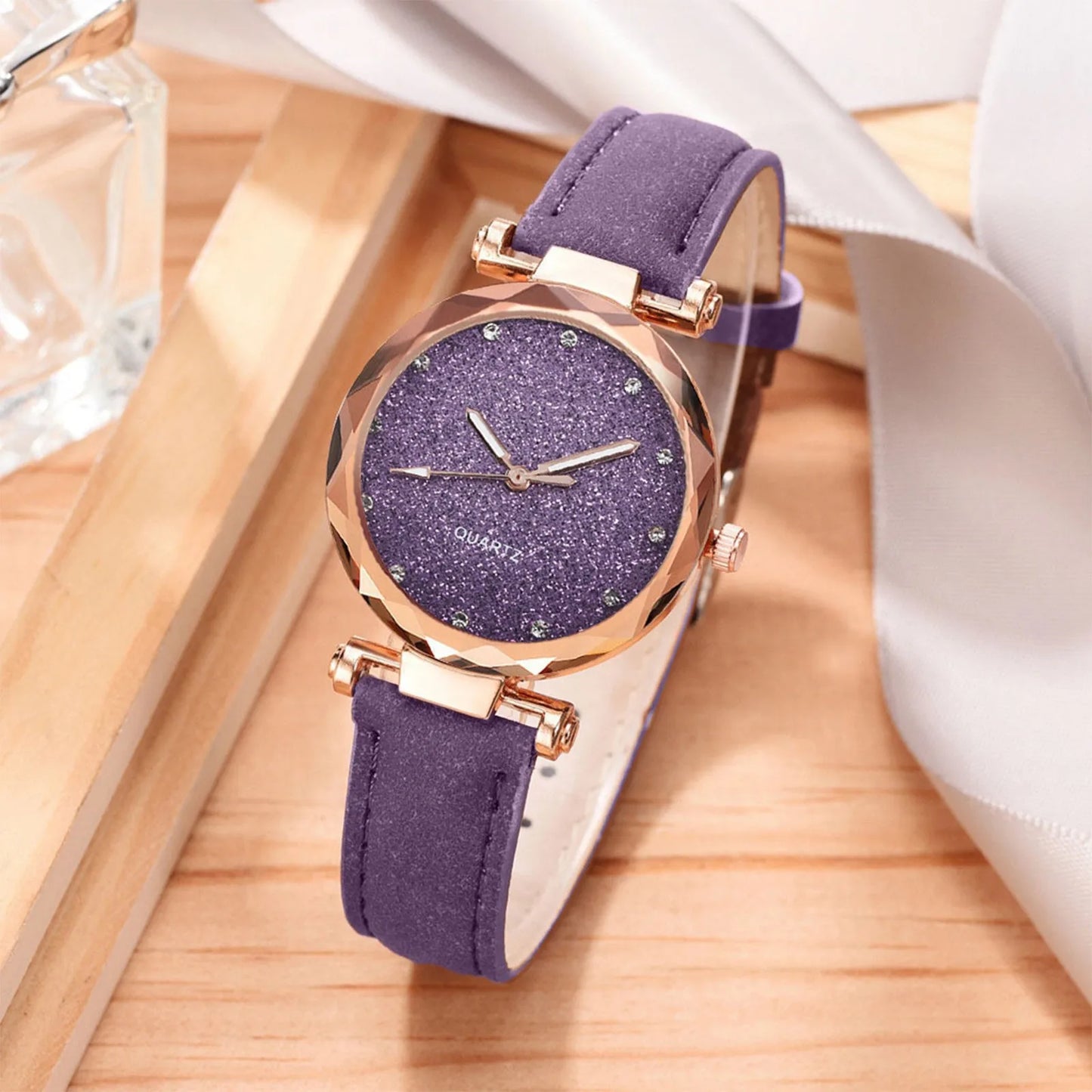 Silver Powder Diamond Face Women'S Watch Frosted Leather Strap For Women'S Casual Trend Two Piece Set Watch Stem Replacement 시계