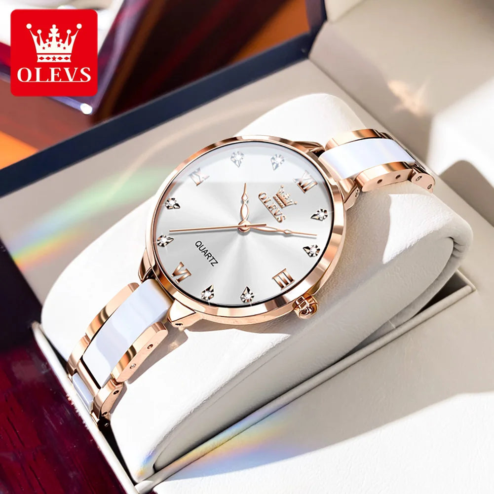 OLEVS Original Quartz Watch for Women Japan Movement Elegant Ceramic Strap Diamond Dial Ladies Watch Waterproof Relógio Feminino