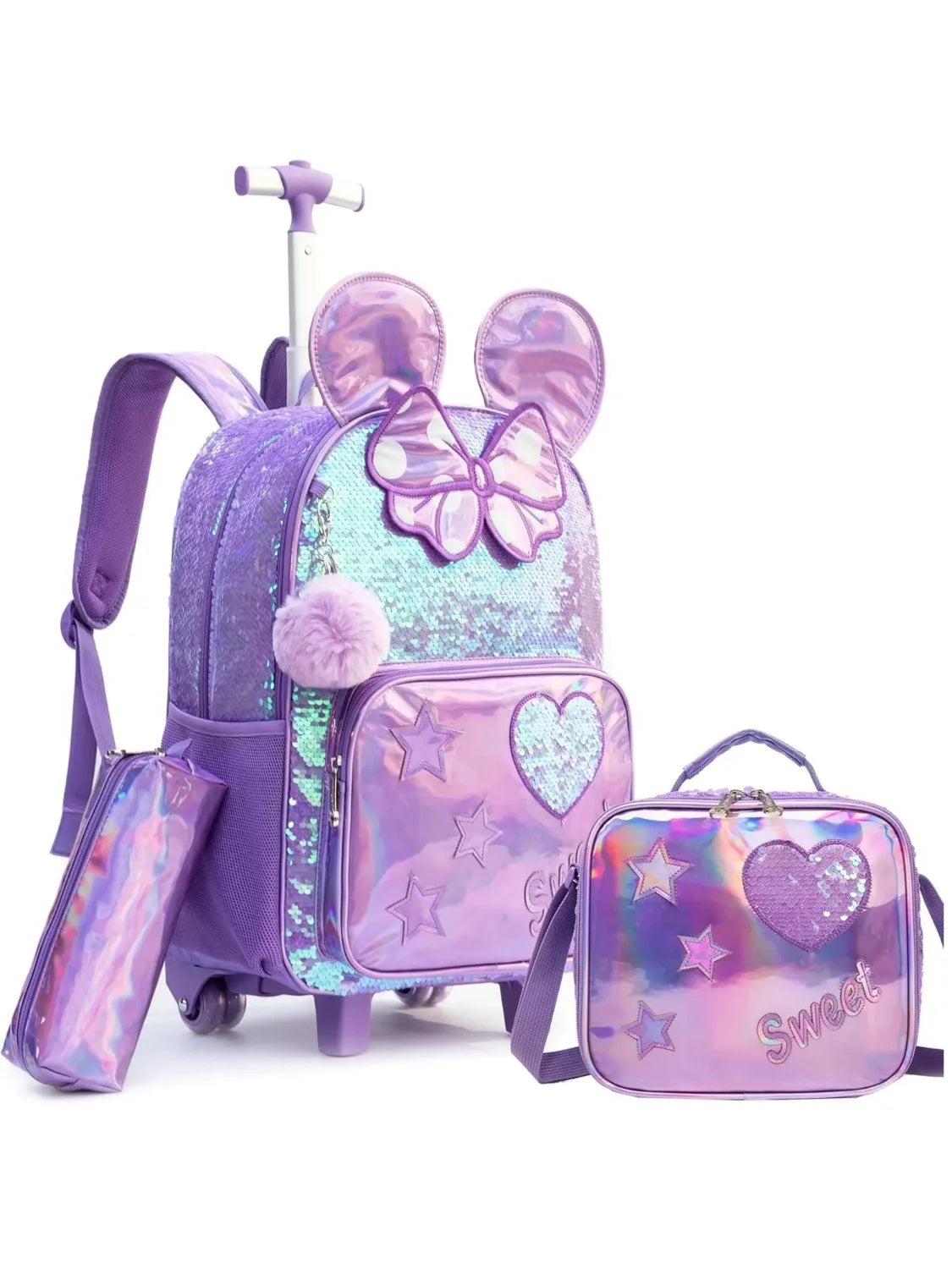 3PCS Cute Sequin Girls Rolling Backpack Primary Child School Backpacks Girl with Wheels Back to School Bags for Kids Luggage