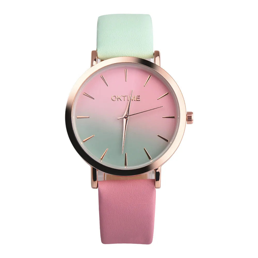 Retro Rainbow Design Wristwatch Leather Band Analog Alloy Lovely Cute Girl Simplicity Elegant Temperament Watch Versatile Clock