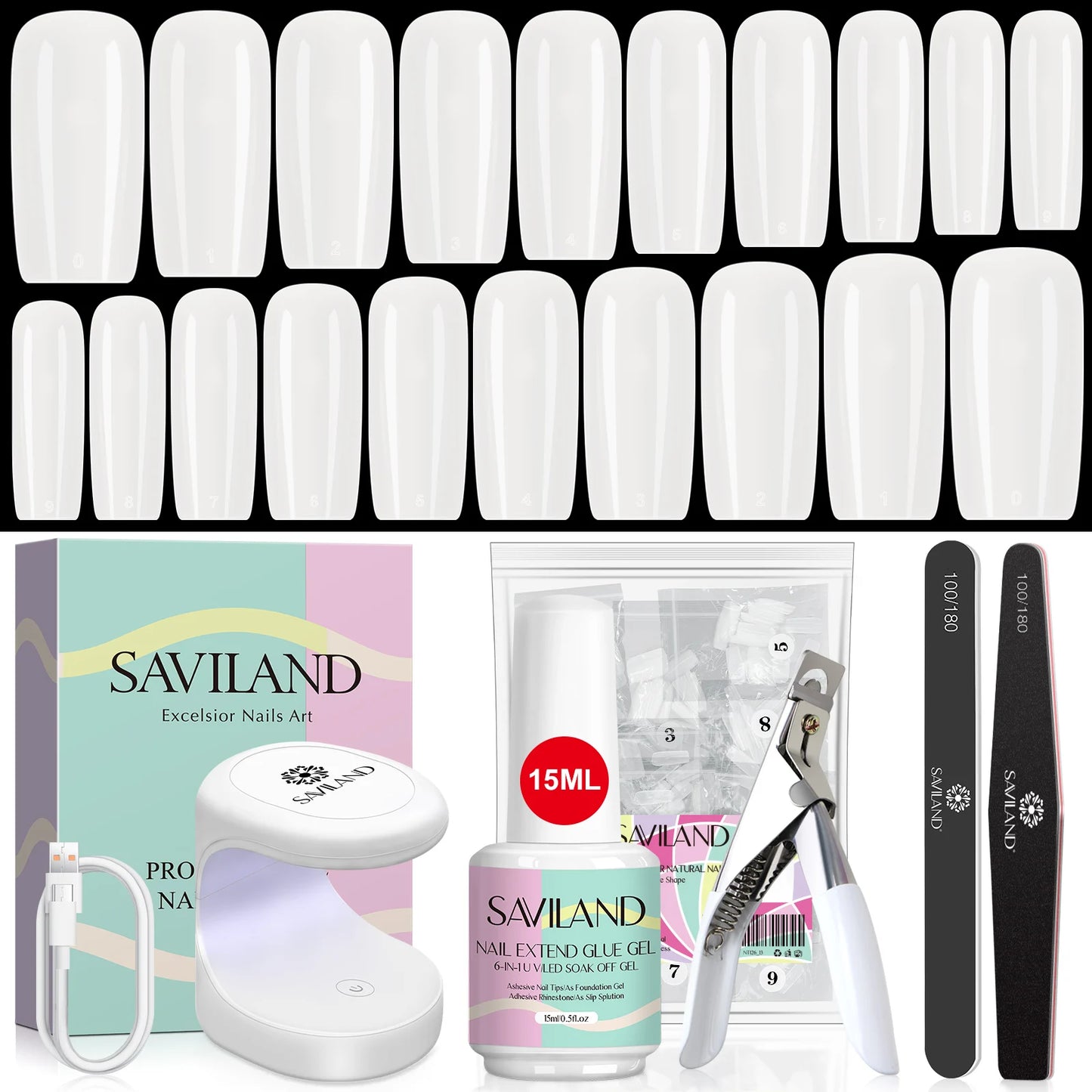 SAVILAND 500pcs Gel X Nail Kit For Extension Nail Tips Full Cover Press On Nails Sculpted Coffin Almond with UV LED Nail Lamp